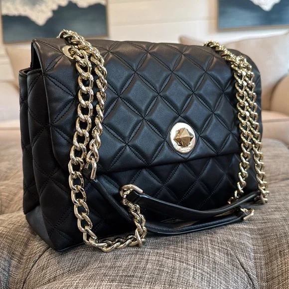 Kate Spade Bag Black Quilted Vegan Leather Gold Chain Shoulder / Crossbody - Picture 3 of 17